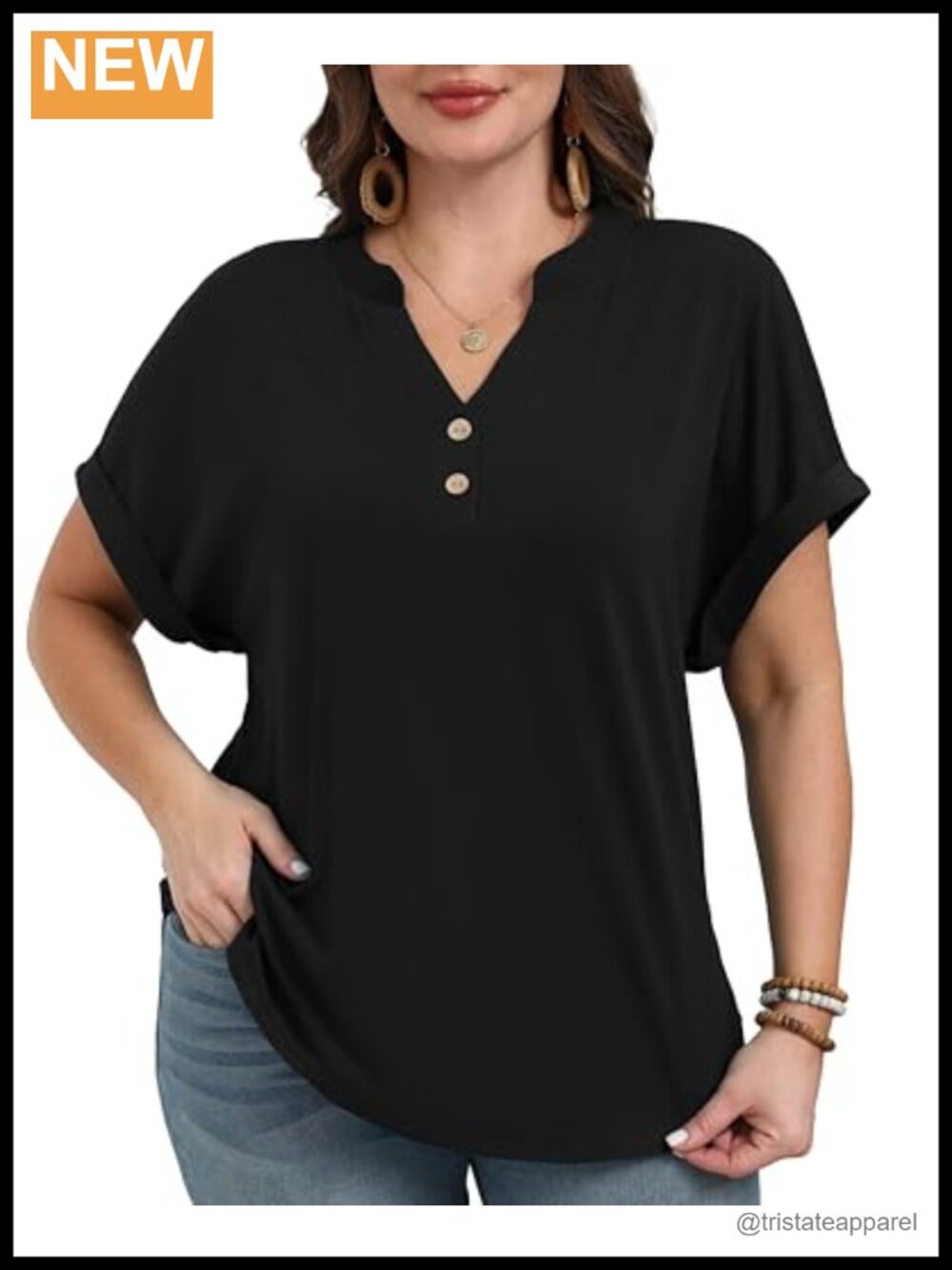 Plus Size Henley Top Short Sleeve V Neck Button Loose Fit Tunic Blouse Casual